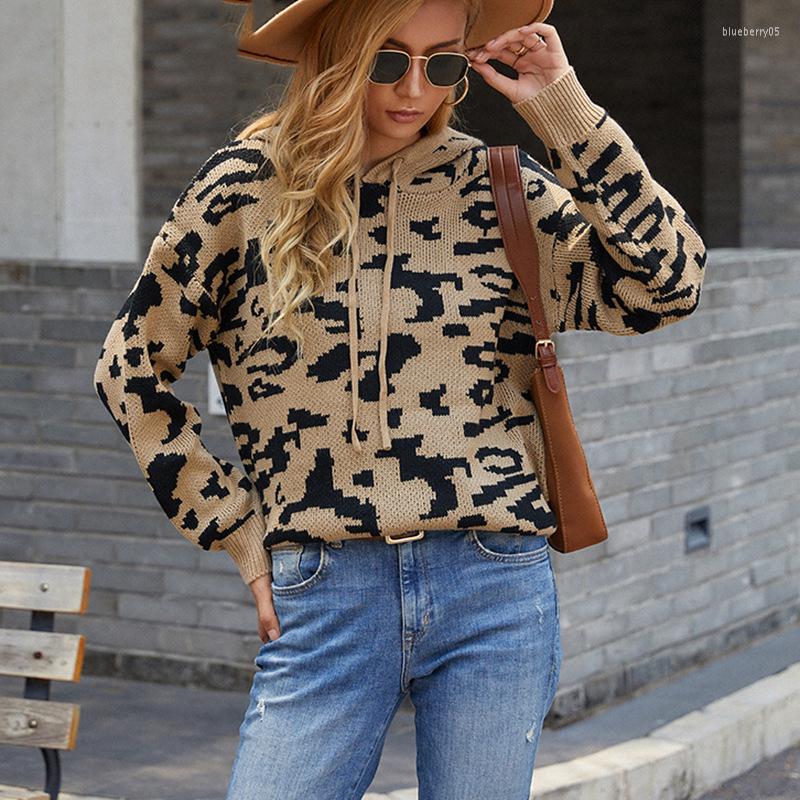 

Women' Sweaters Chifirena Leopard Oversized Sweater Women Long Sleeve Hooded Pull Knitted Tops Sweter Vintagr Drawstring Loose Winter, Gray
