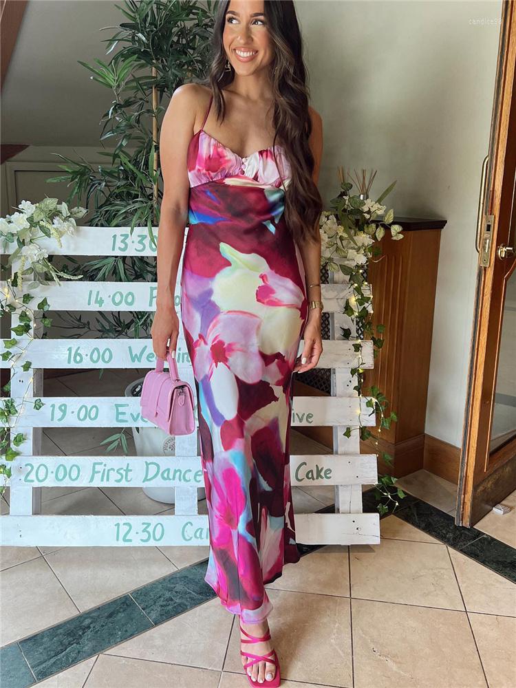 

Casual Dresses Woman Elegant Purple Sling Print Long Dress 2022 Summer Female Fashion Backless Lacing Ladies Chic Slim Party
