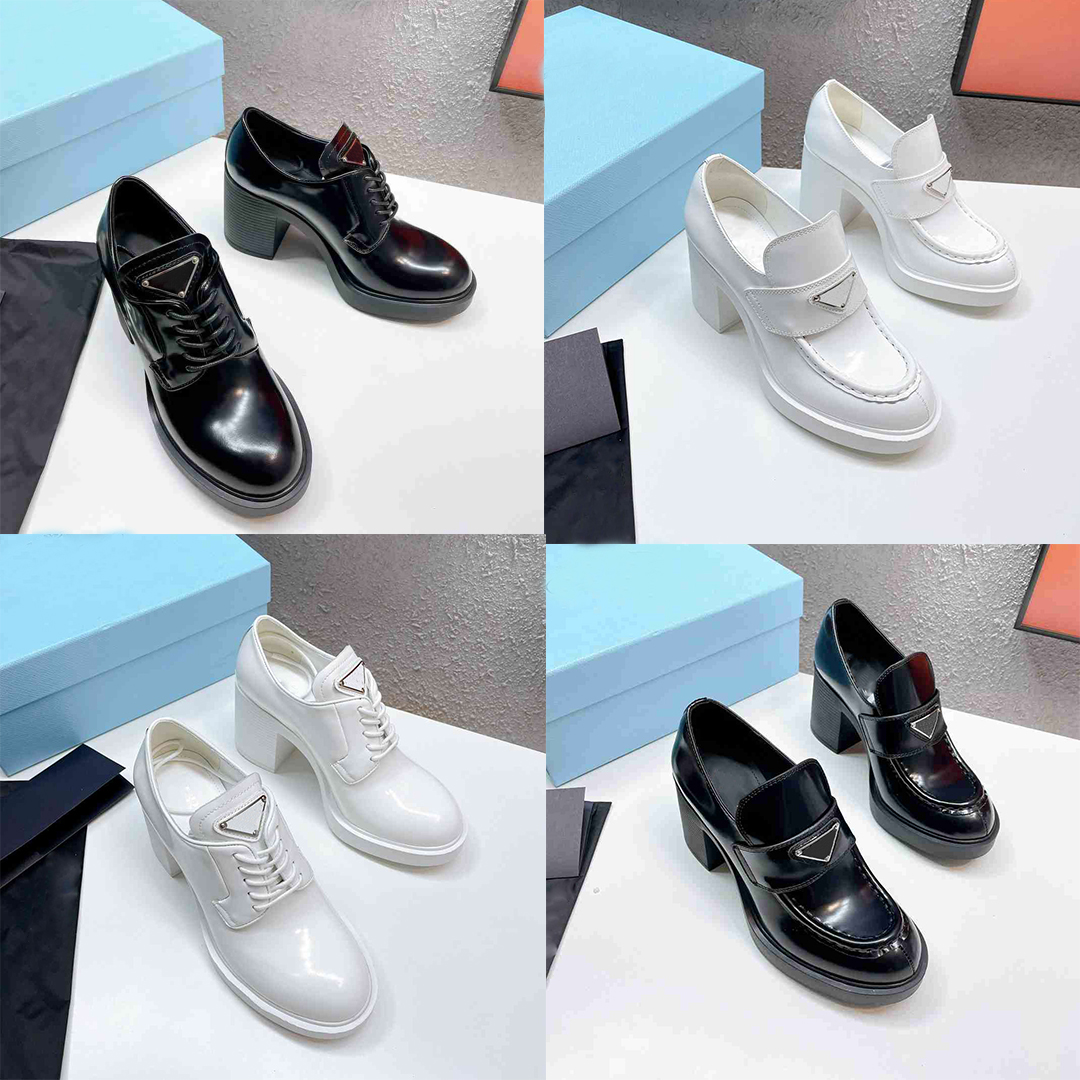 

Designer Monolith Women Shoes Chunky Heels Casual Shoes Black Shiny Leather shoe Sneakers With Triangle Logo, Slip-on black matte