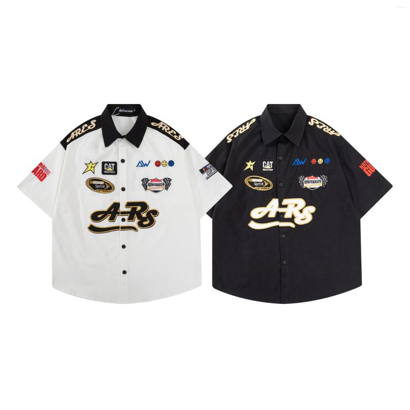 

Men's Casual Shirts 2022 Summer American Retro Locomotive Loose Men's Shirt Heavy Industry Embroidery Thin Chemise Homme De Luxe Men, Black
