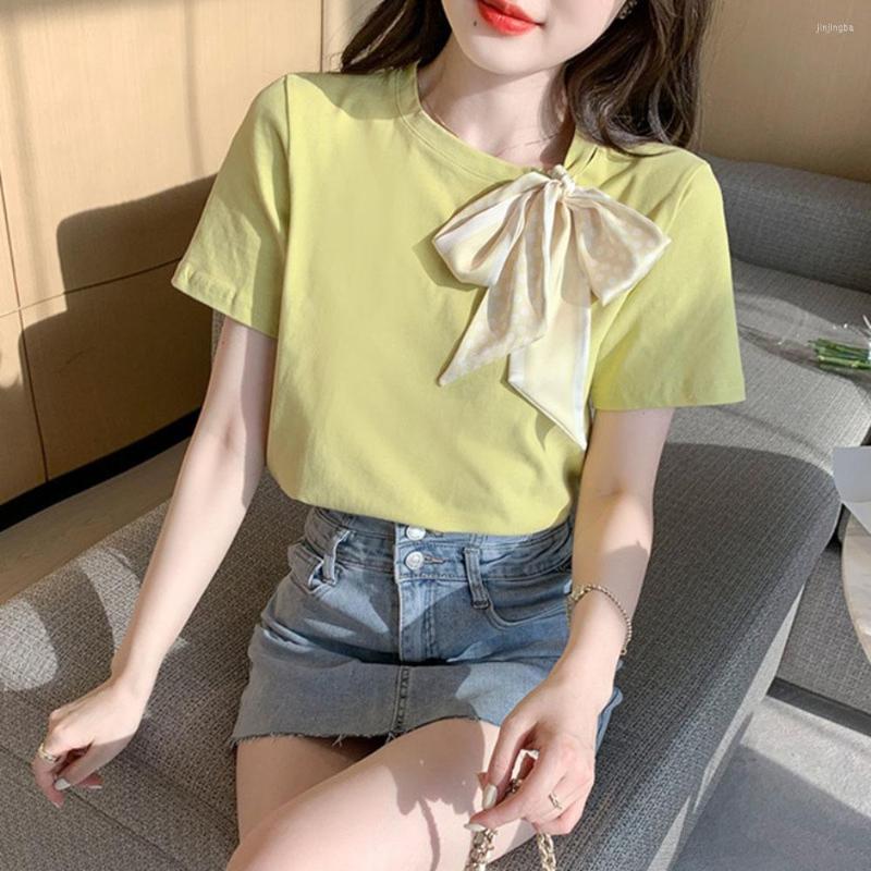

Women's T Shirts Cotton Woman Tshirts 2022 Women Fashion Clothing O-neck Bow Sweet Tees Tops Femme Loose Casual White Korean T-shirt, Blue