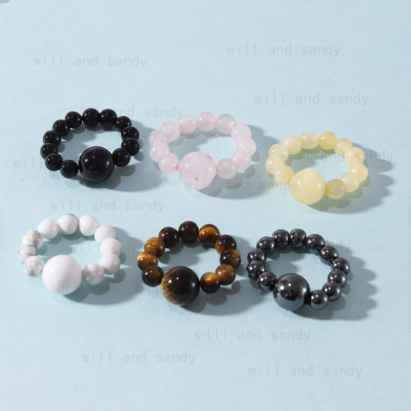 

Natural Stone Beads Rings Elastic Rope Strand Tiger Eye Rose Quartz Crytal Nail Ring for Women Fashion Jewelry