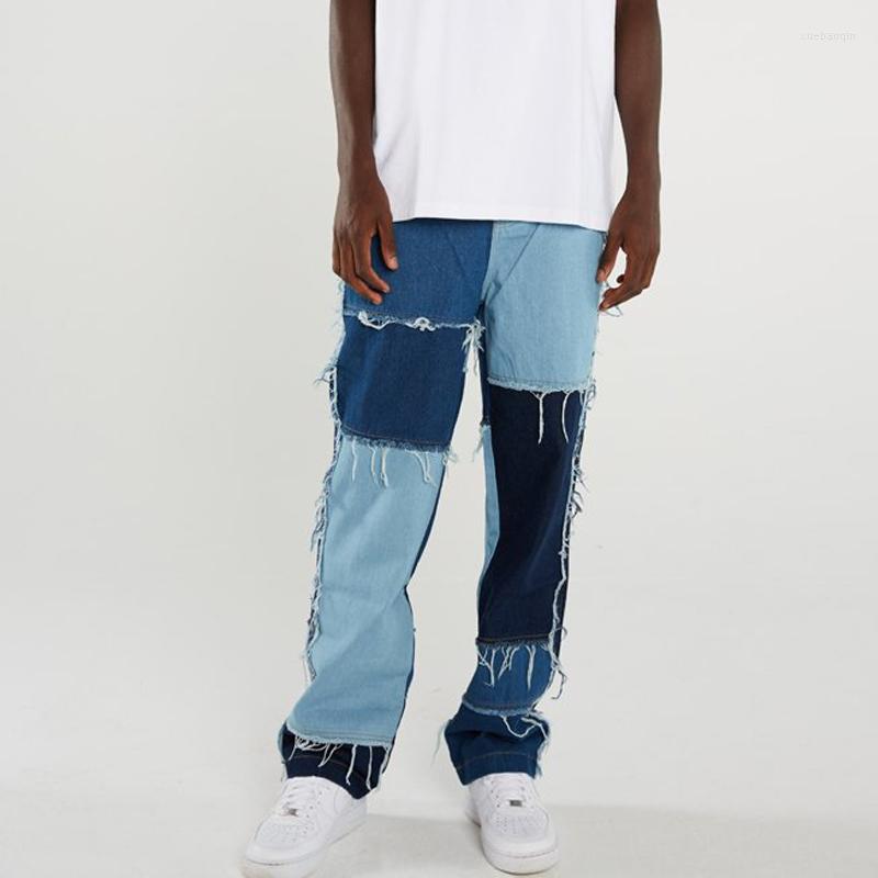 

Men's Jeans Vintage Men Straight Leg Denim Pants Patchwork Stitching Trouser Retro Loose For, Blue