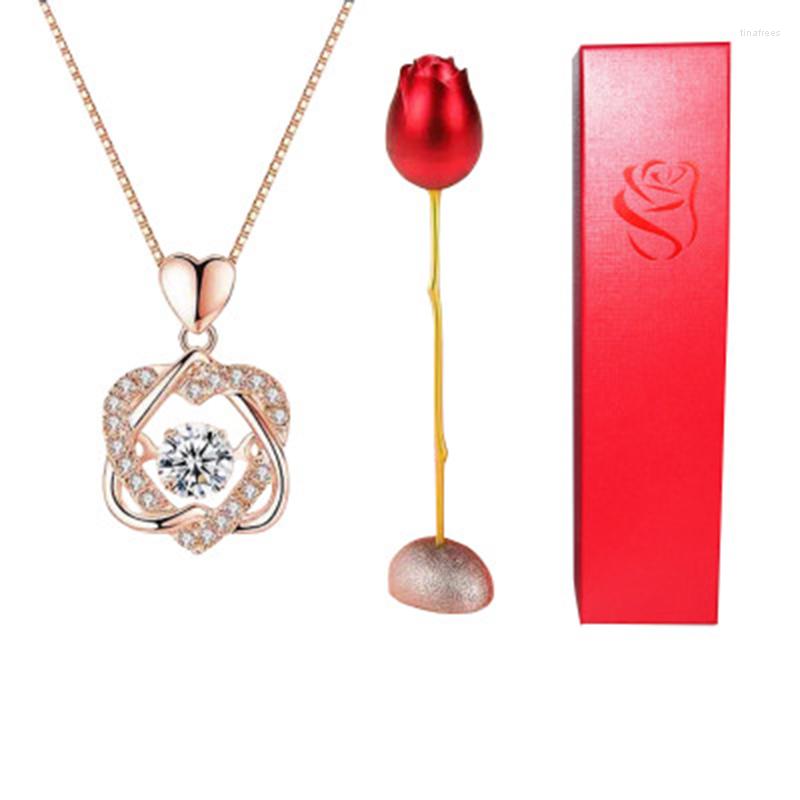 

Chains Fashion Rose Flower Metal Simulation Lifting Jewelry Gift Box With Necklace Alloy Packaging Wedding Birthday