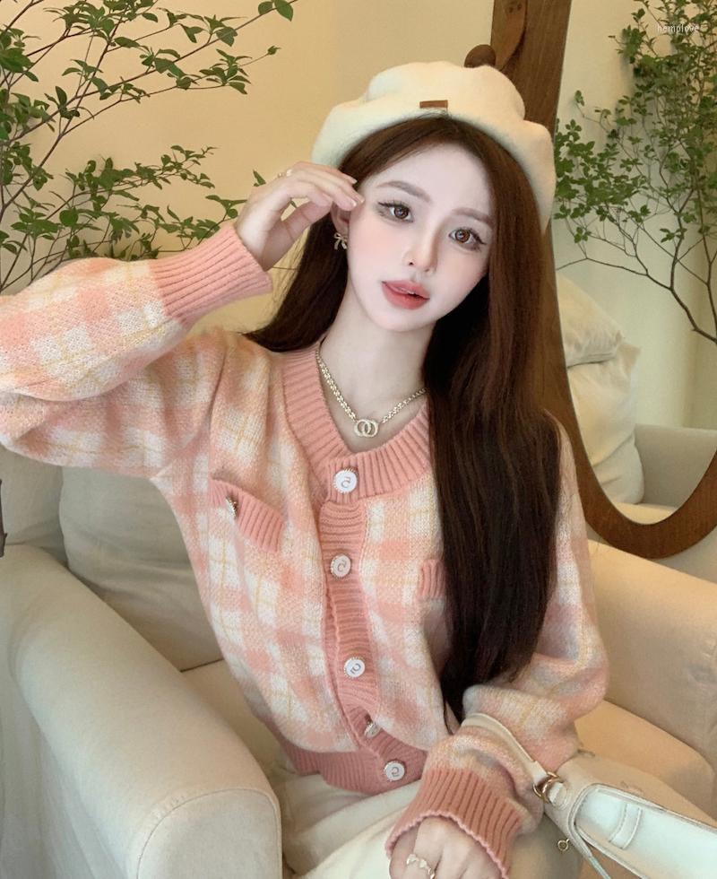 

Women's Knits Cardigan Women 2022 Autumn And Winter Knitted Sweater Style Plaid Long Sleeves Single-breasted Top Female, Pink