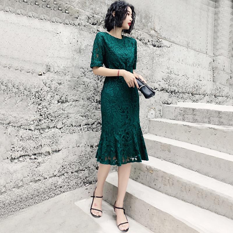 

Party Dresses Evening Dress Simple Green Short Sleeves O-Neck Flowers Embroidery -Length Mermaid Plus Size Women Formal Gown C346, Black