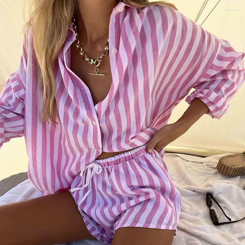 

Women' Tracksuits 2022 Temperament Commute Summer Women' Loose Cardigan Top Striped Casual Shorts Two-Piece Set, Pink
