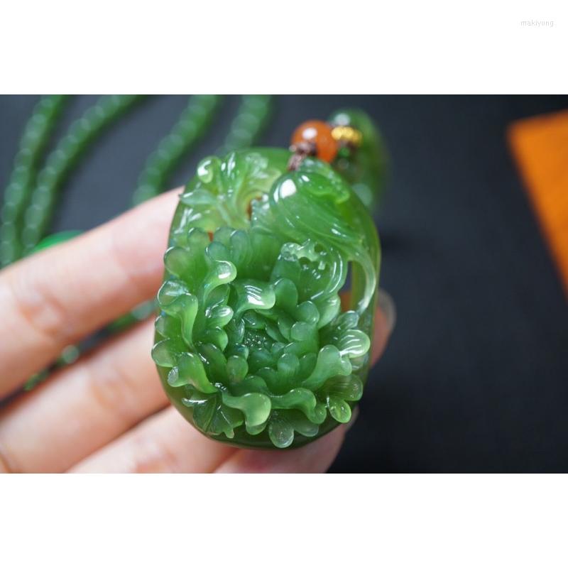 

Pendant Necklaces Boutique Hetian Jasper PendantThree-dimensional Carved Peony Beaming Spinach Green With Bead Chain