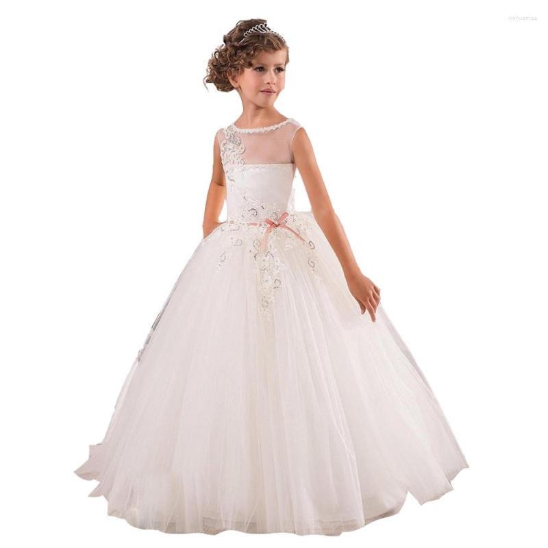 

Girl Dresses Long Lace Flower Applique Girls Pageant First Communion Dress Kids Wedding Party Gown, White