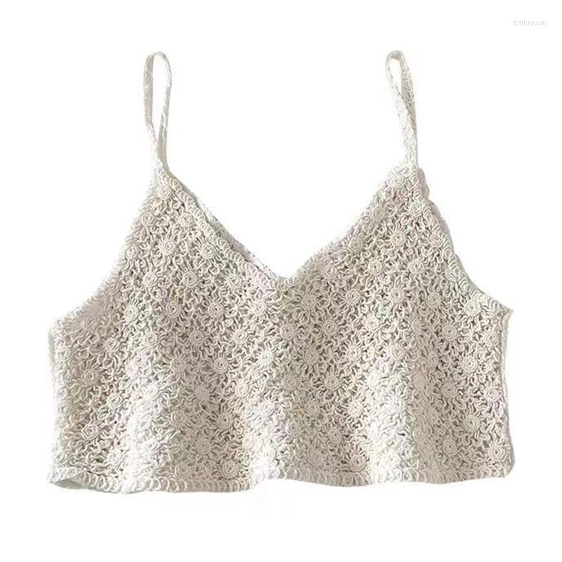 

Women's Tanks Women Vintage French Crochet Sleeveless Camisole Hollow Out Knit Floral Crop Top Sexy V-Neck Backless Beach Sling Mini, Apricot