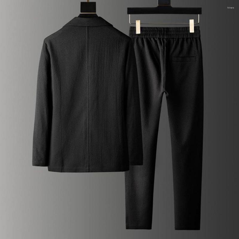 

Men's Tracksuits Blazer Trousers Autumn Two-piece Set Temperament Pleats Simple Turndown Collar Jacket Drawstring Pants, Black