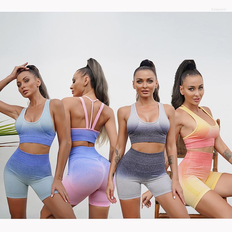 

Active Sets Gradient Seamless Women Yoga Set Workout Sportswear Gym Clothing Fitness Shorts Sport Vest High Waist Leggings Sports Suits, Blue bra