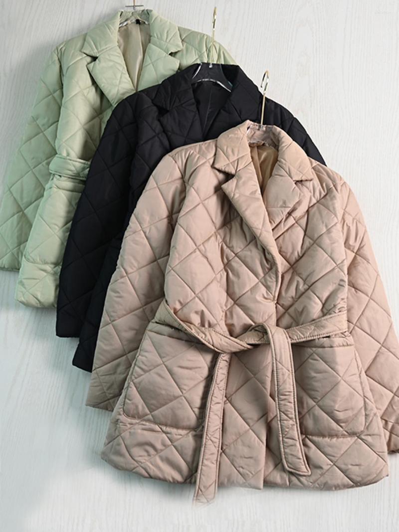 

Women' Down Autumn And Winter Warm Coat Women Casual Solid Color Pocket Turndown Collar Vintage Belt Quilted Cotton Jackets Parkas, Green