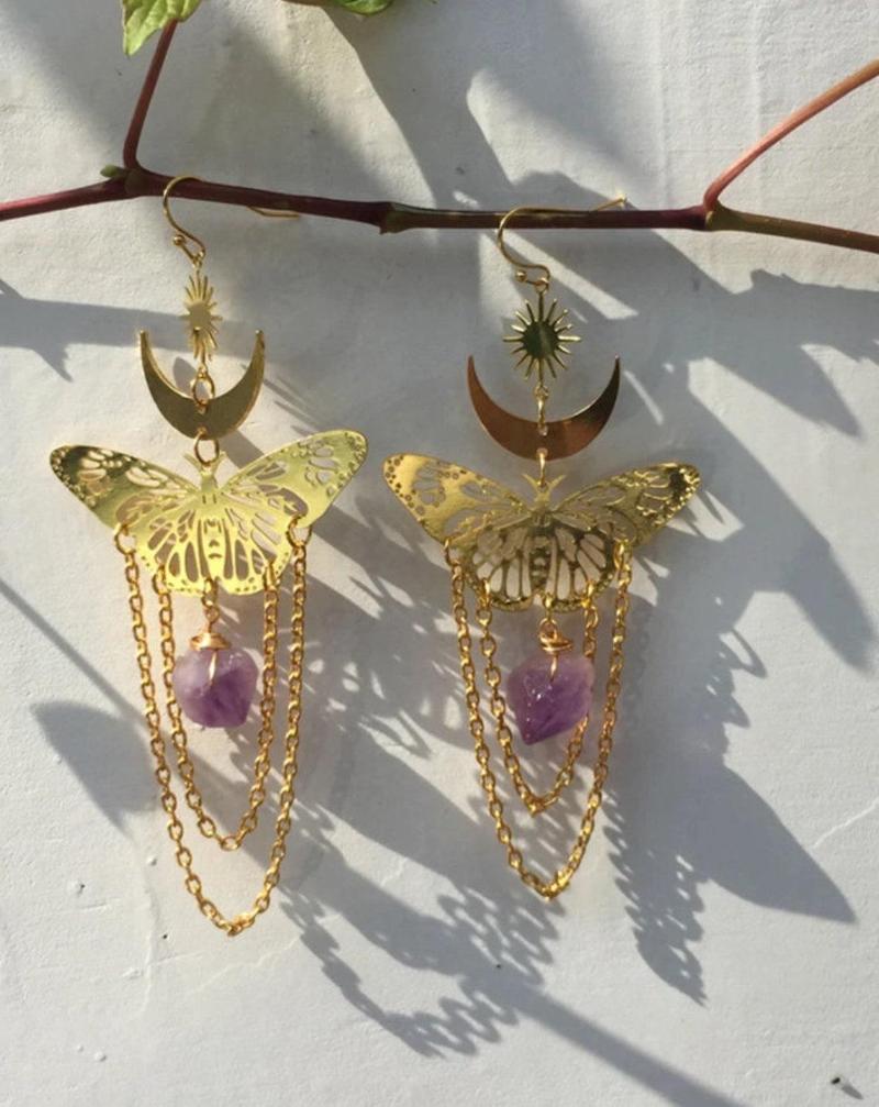 

Dangle Earrings Butterfly Purple Crystal Celestial Moon Metaphysical Wicthy Witch Wicca Earring Christmas