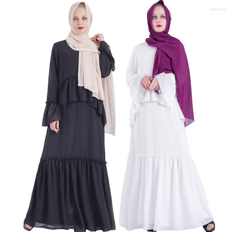 

Casual Dresses Muslim Ruffles Chiffon Dress Abayas For Women Baju Wanita Moroccan Robe Orientale Musulman Abaya Dubai, Black