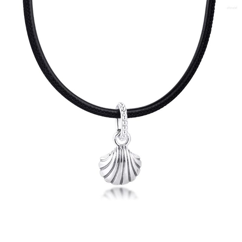 

Chains Black Leather Seashell Choker Necklace For Women 925 Sterling Silver Collier Jewelry Female Jewellry Fine