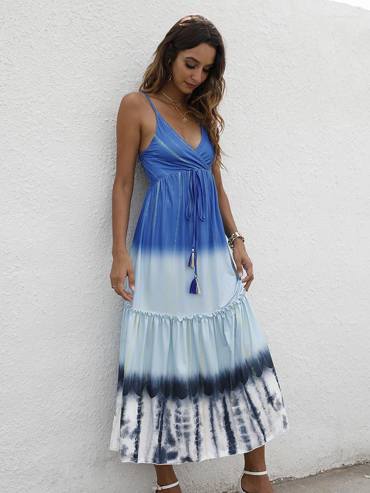 

Casual Dresses Backless Lace Up Party Dress Summer V-neck Sexy A-line Strap Fashion Chic Sleeveless Beach Sundress Vestidos, Blue