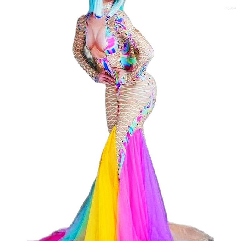 

Stage Wear Colorful See-through Long Tailing Dresses Women Birthday Celebrate Party Dress Stretch Leotard Singer Dancer Costumes, Multi