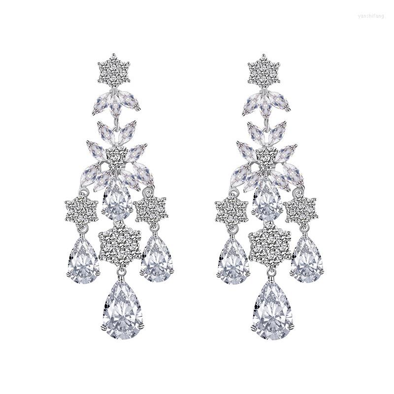

Dangle Earrings CWWZircons Vintage Long Zirconia Crystal Water Drop Flower Evening For Women Luxury CZ Wedding Jewelry CZ304