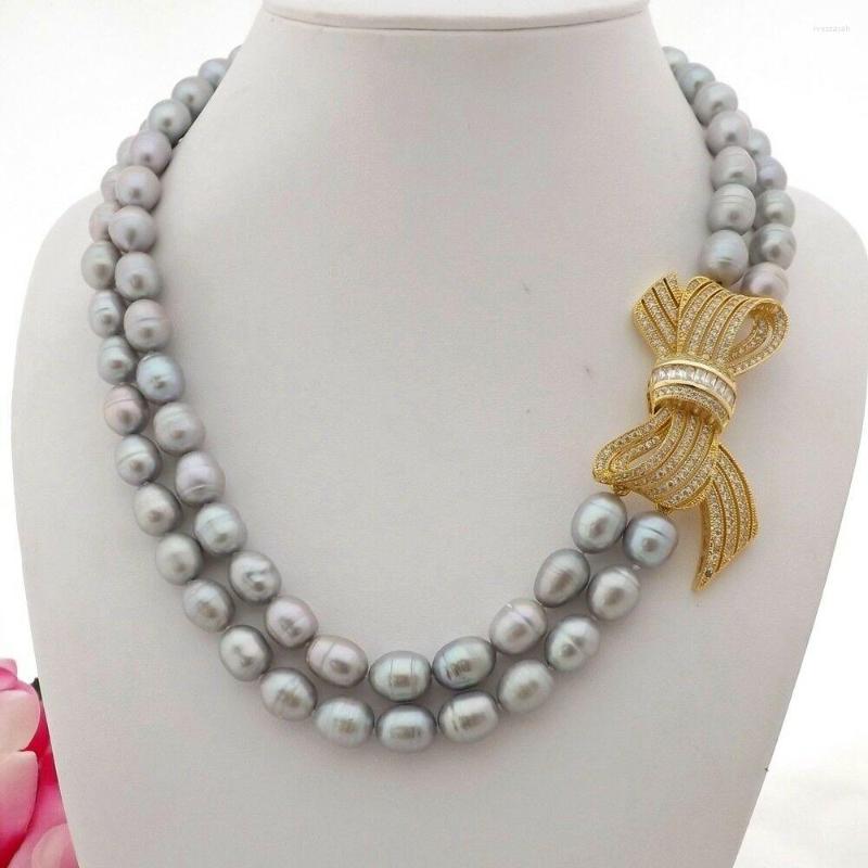 

Chains 19"-20" 2Strands Grey Rice Pearl Necklace CZ Pendant