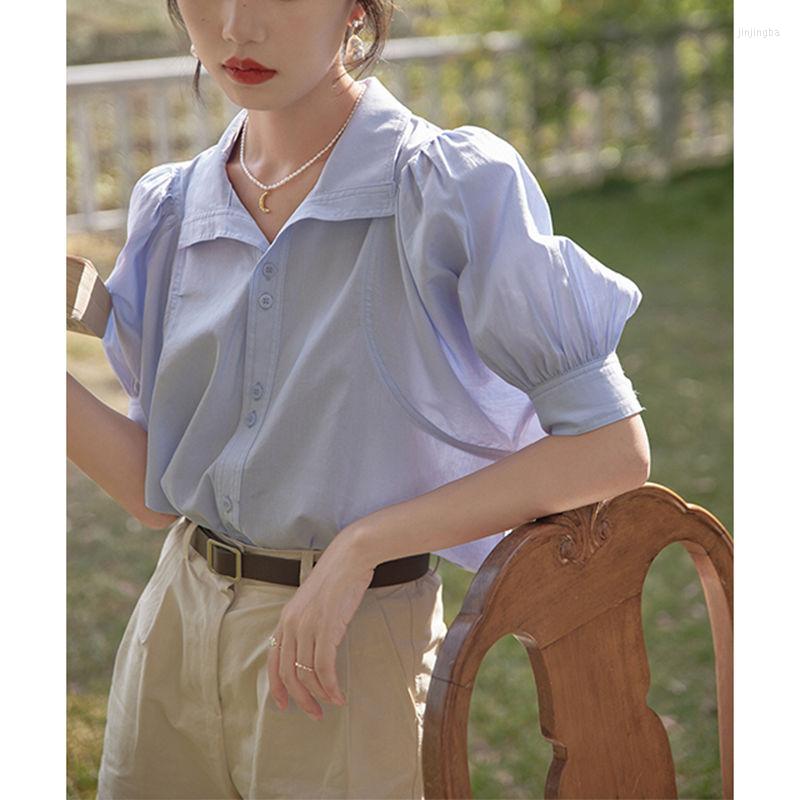 

Women' Blouses 2022 Women Summer French Fashion Short Sleeve Chiffon Shirts Female Loose Casual Ladies Single Breasted C84, Blue