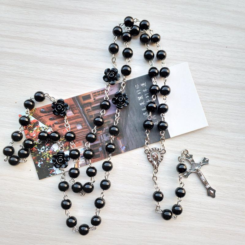 

Charms Black Crystal Rosary Necklace Long Cross Pendant For Men Women Religious Jewelry