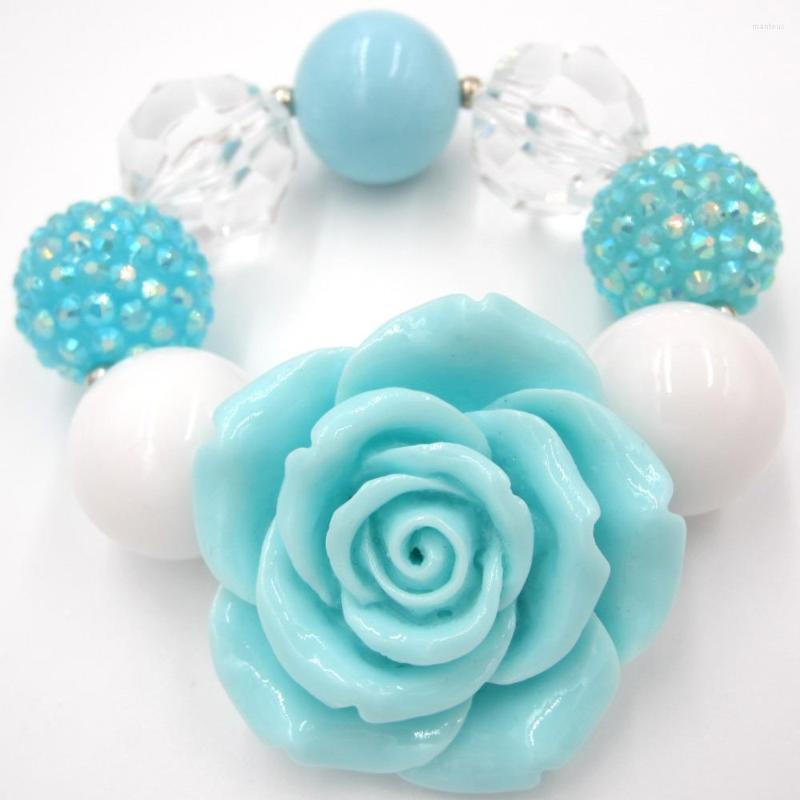 

Strand 2pcs Girls Birthday Gifts Chunky Beads Light Blue Resin Rose Flower Charm Bracelets Kids Adjustable Elastic Wristband Bracelet