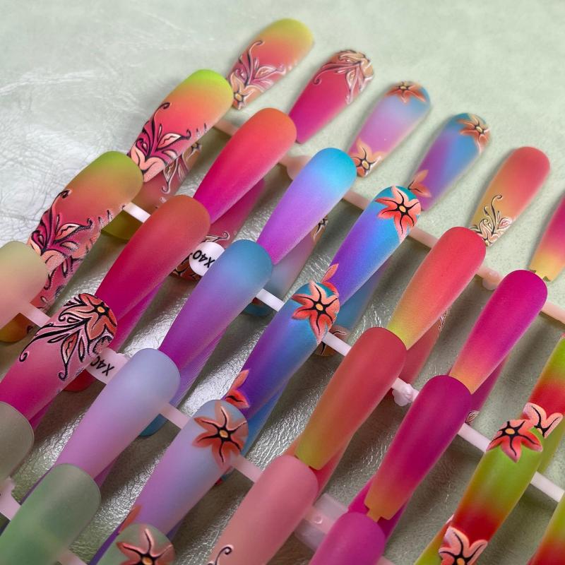 

False Nails Ballet Nail Finished Art 3D French Gradient Flower Super Long Coffin Geometric Red Green Set Press On Fake, X401-w