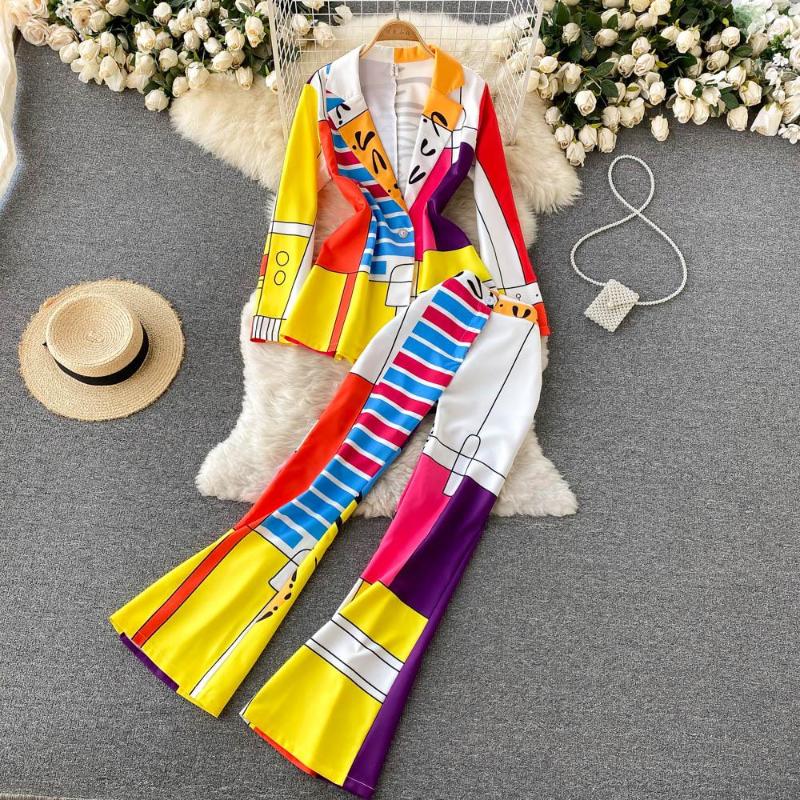 

Women's Two Piece Pants European And American Style Fashion Suit Autumn Winter 2022 Retro Printed Jacket High Waist Flared Two-piece, Yellow