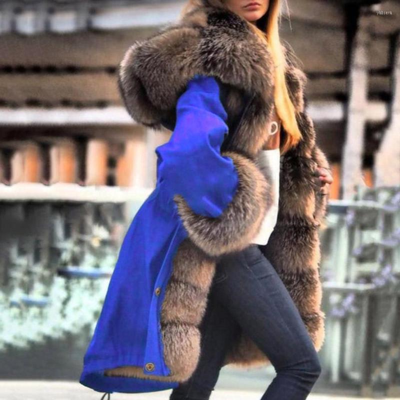 

Women' Fur HAOOHU Faux Overcoat Winter Collar Solid Color Long Thicken Warm Hooded Sleeve Womens Western Style Cotton Jacket, Blue
