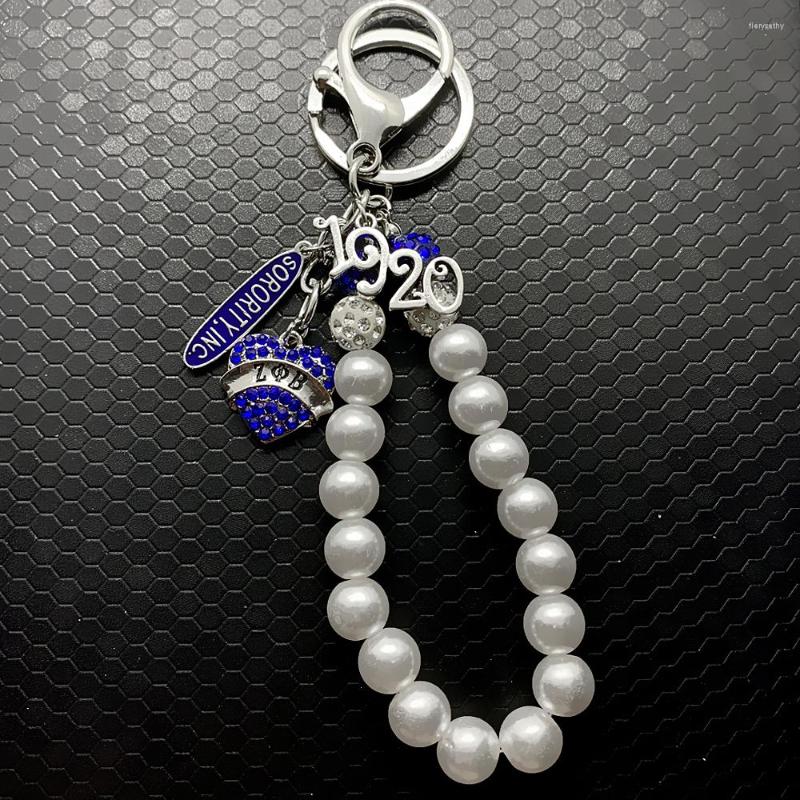 

Keychains ZETA PHI BETA Sorority Society Rhinestone Heart-shaped Metal Pendant White Bead Chain Key Ring
