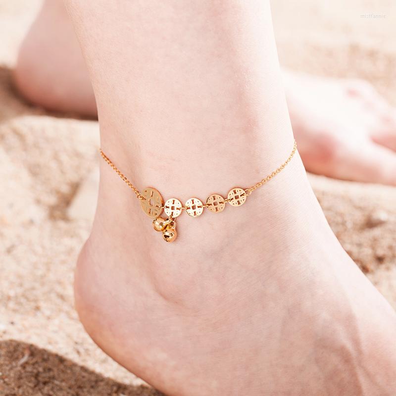 

Anklets Fashion Rose Gold Anklet Bracelet Birthday Gift Korean Temperament Lucky Five Coin Bell Titanium Steel Foot Chain Hypoallergenic