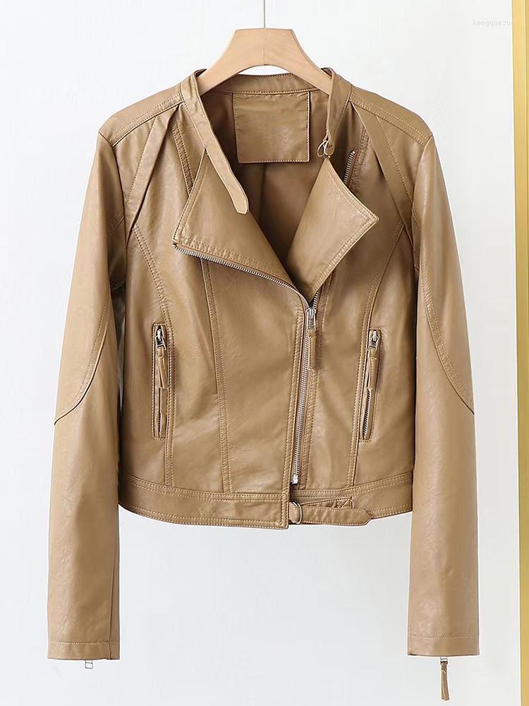 

Women' Leather Aibeautyer Spring Autumn Women Streetwear Female Colorful Moto Biker Pu Coat Ladies Pink Outwear Faux Soft Short Jacket, Beige