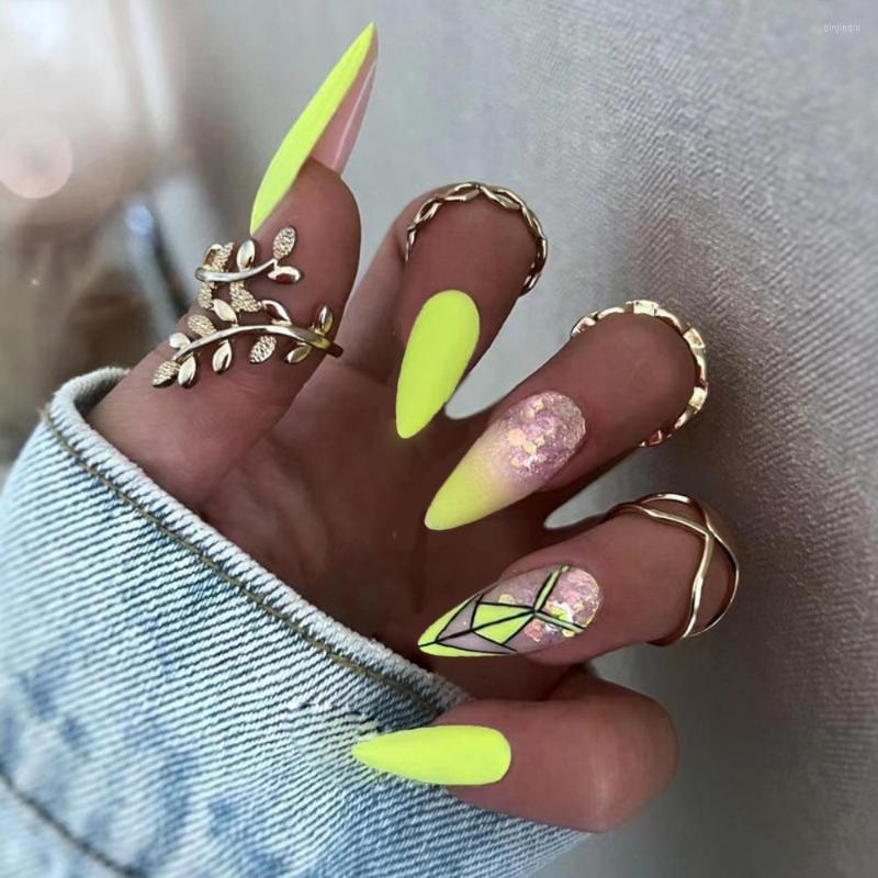 

False Nails Yellow Stiletto Fake Nail Tips French Wear Full Cover With Gradient Glitter Design Press On Artificial Manicure, Only fake nails