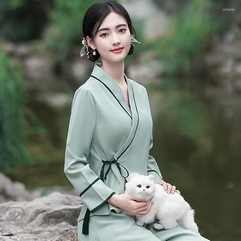 

Ethnic Clothing Chinese Improved Hanfu V-Neck Tops Pants Set Tai Chi Suit Ladies Adopt Ear Division Work Clothes