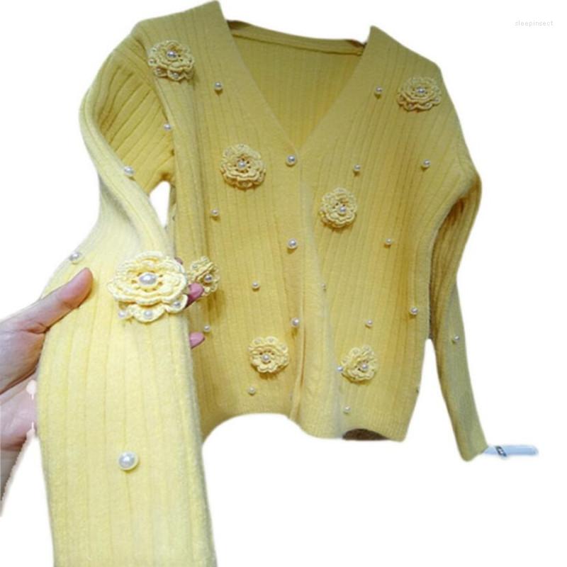 

Women' Knits Korea Three-Dimensional Crocheted Flowers Heavy Industry Beaded Pearl Women Thick Sweater Cardigan Jacket Q479, Yellow