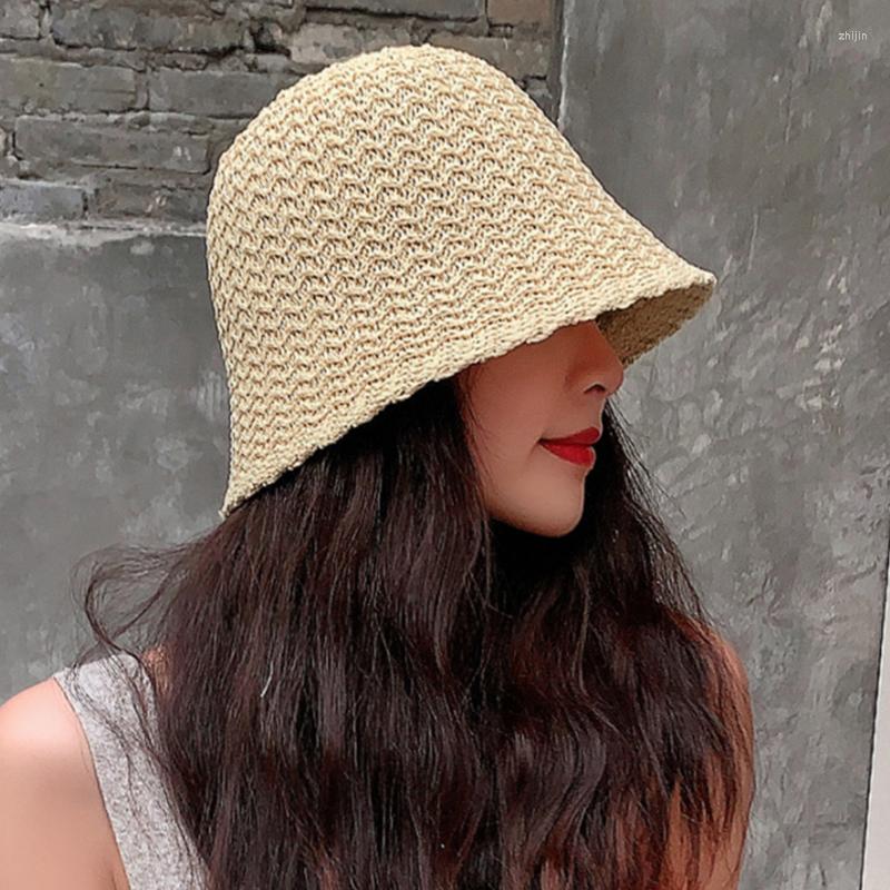 

Berets Spring Summer Hollow Knitted Women Hat Fashion Solid Color Bucket Fisherman Caps Casual All-match Dome Panama Cap, Beige