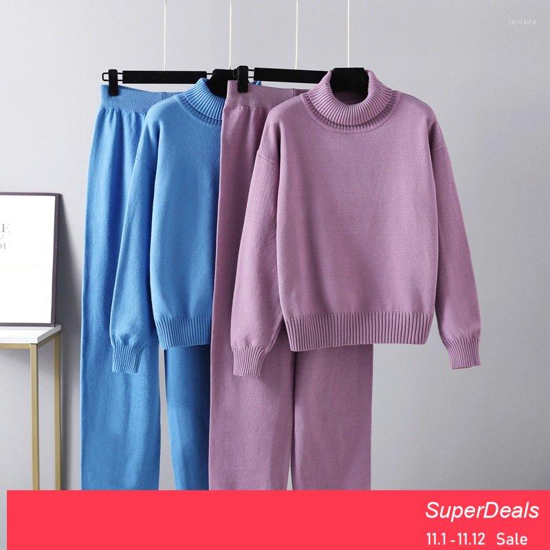 

Women's Two Piece Pants Fashion Turtleneck Pant Suit Autumn Winter 2022 Solid Casual Outerwear Knit Sweater Tops Women Set, Blue