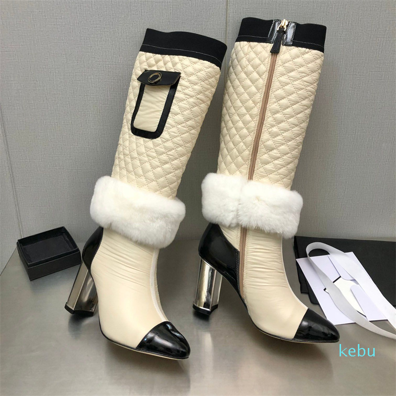 

Luxury Designer Women Long Boots Fashion Genuine Leather Mixed Color Warm Fur Woman Knee High Booties Runway Outfit Chunky High Heels Bota Party Dress Bota Female 41, As show