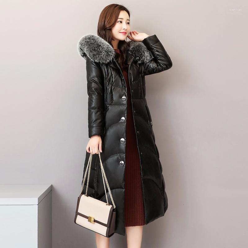 

Women's Leather Winter Sheepskin Genuine Women Jacket Fur Collar Hooded Duck Down Long Coat Chaqueta Mujer Q962 YY629, Black