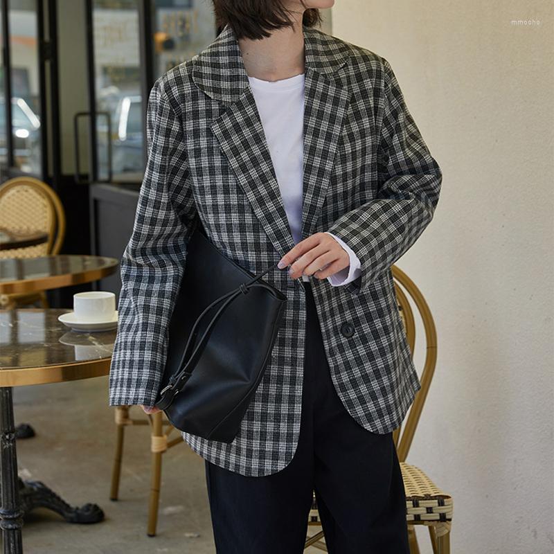 

Women' Suits Vintage Plaid Blazers Women Grey Single Breasted Long Sleeve Loose Casual Office Lady Chic Work Formal Blazer Korea Style, Grey plaid