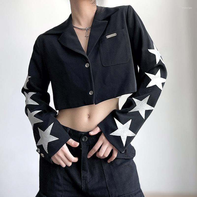 

Women' Suits Combhasaki Women Cropped Jacket Y2K Grunge Fairy Long Sleeve Lapel Collar Star Print Blazers Outwear For Casual Daily, Black