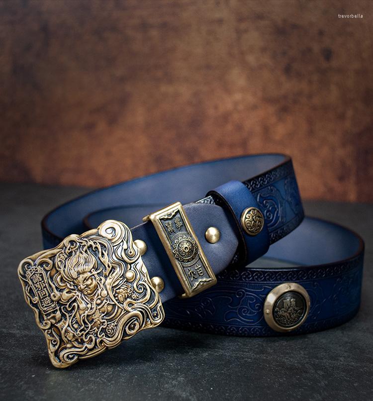 

Belts Original Design Genuine Leather Strap Male For Men Women Cowhide Vintage Copper Buckle Belt Carving Vines, Black