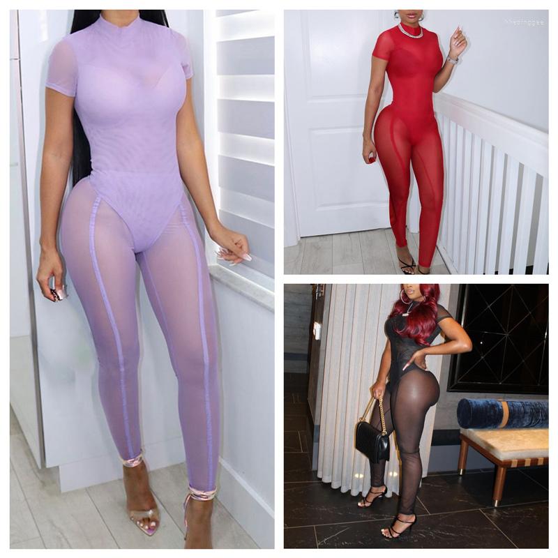 

Women' Two Piece Pants Women Sexy Two-piece Clothes Set Solid Color Short Sleeve Bodysuit And See-through Purple/ Red/ Black