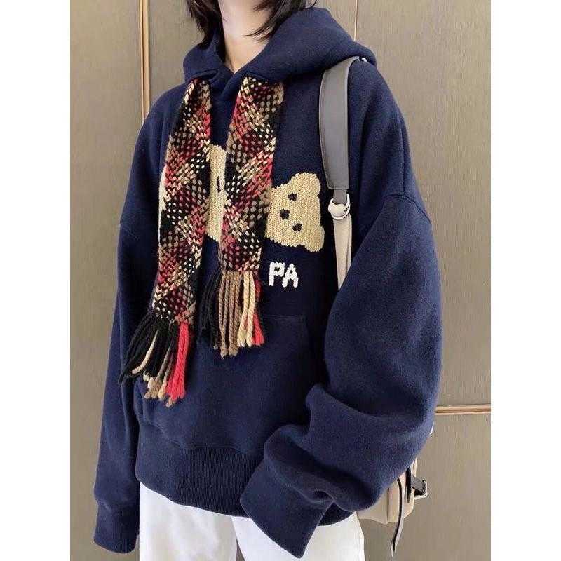 

Hoody Palms Bear Streetwear Pullover Sweatshirts Loose Severed Scarf Bear Tassel Drawstring Woven Sweater Hoodie High Street, Navy