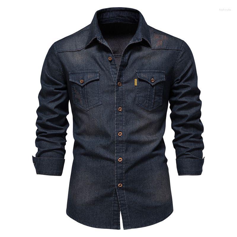

Men's Jackets 2022 Brand Stretch Cotton Denim Shirt Men's Long Sleeve Casual Slim Designer Clothing AX-6003, Black