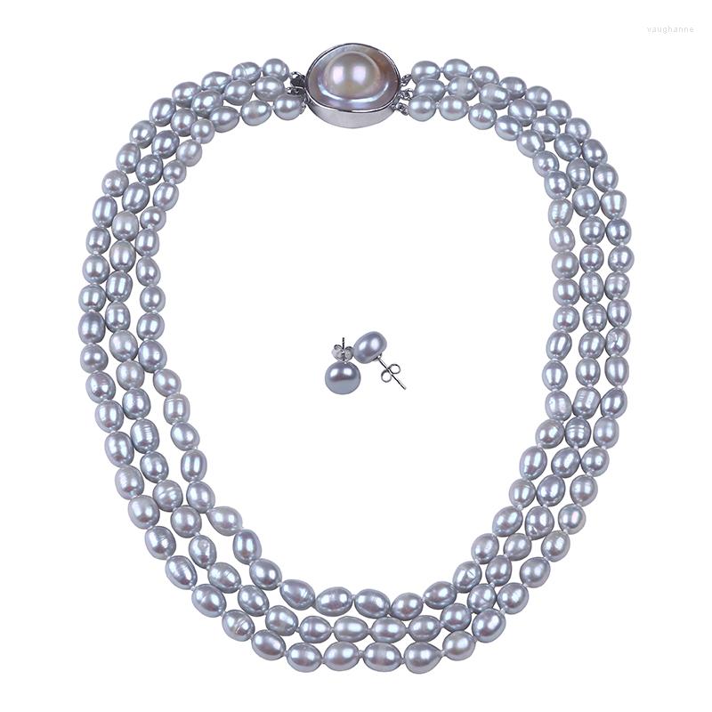 

Necklace Earrings Set High Quality Gray Rice Shape Pearl With 925 Silver Mabe Clasp 9mm Button Stud, Picture shown