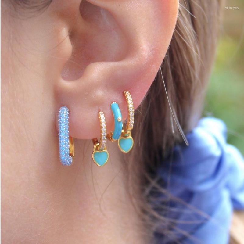 

Hoop Earrings 5 Colorful Delicate Mini Gold Color Half Part Pave White Purple Green Blue Rainbow CZ Multi Piercing Rectangle Earring