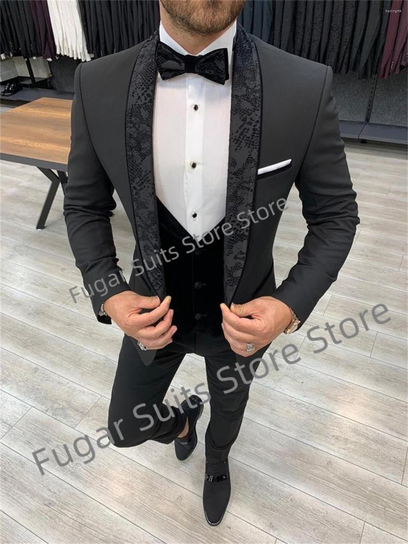 

Men's Suits Fashion Gray Wedding Men Slim Fit Black Shawl Lapel Groom Tuxedos 3 Pieces Business Blazer Pants Vest Costume Homme
