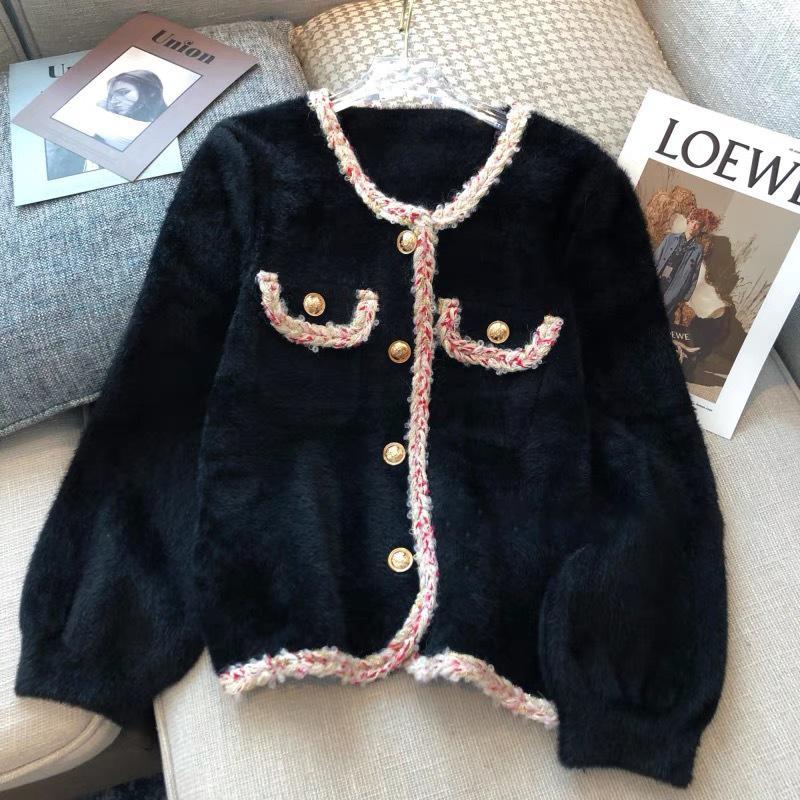 

Women's Jackets Lantern Sleeve Short Coat Women Spring Autumn Imitation Mink Velvet Korean Fashion Elegant Loose Knitted Woolen Top, Ivory